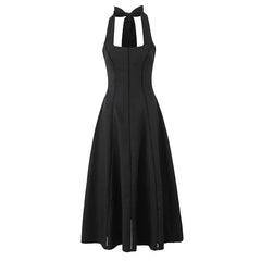 Vintage Elegant Black White Halter Midi Long Dresses Women A-line Slim Sexy Backless Dress Female Summer Party Robe voguable