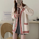 Women Cardigan Sweater Varsity Striped Front Pocket Long Sleeve Button-up Knit Sweater Jacket College Student Girl Preppy Style voguable