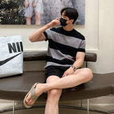 Men's Luxury Knitted Texture Striped T Shirt Casual Streetwear O Neck Button Short-Sleeved Tees Fashion Leisure Knitwear voguable