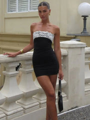 Lace Strapless Sexy Mini Dress For Women Robe Patchwork Off-shoulder Sleeveless Backless High Waist Bodycon Club Dress voguable