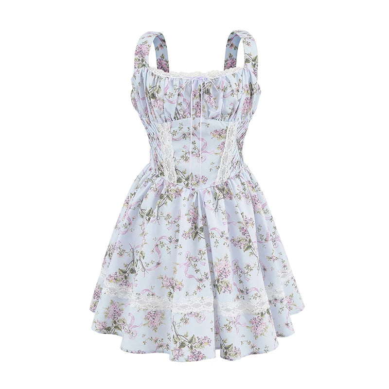 Floral Print Tank Mini Dress Women Lace Spliced O Neck Sleeveless A-line Holiday Casual Summer Dresses Party Robe voguable