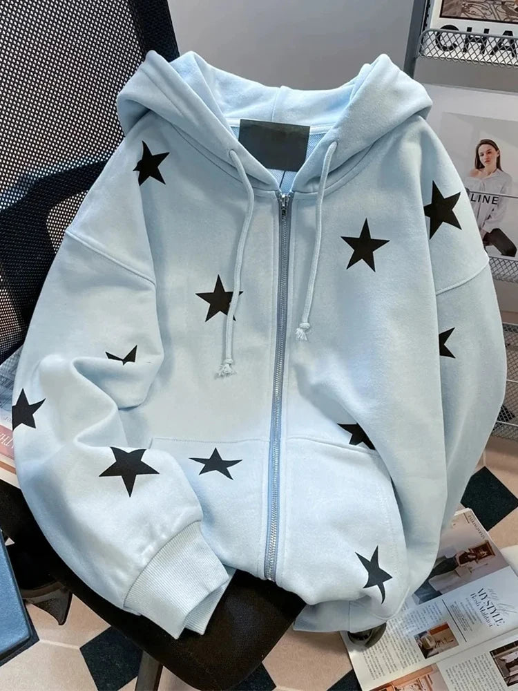 Stars Print Hoodies Women Vintage Streetwear Long Sleeve Loos Blue Sweatshirts Casual Pockets Lace Up American Fall Tops voguable