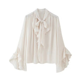 Elegant Ruffle White Shirt Women Lace Up Collar Butterfly Sleeve Casual Office Shirts Spring Summer Blouse Blusas Mujer voguable