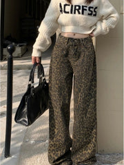 Voguable Vintage Leopard Print Pantalon Femme Wide Leg Pants Women High Waist Straight Y2k Jeans Casual Fashion Korean Jean Trousers voguable