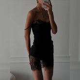 Voguable Sexy Black Lace Trim See Through Dress Women Waist Cinched Slim Fit Hollow Sleeveless Robe Spring Lady Evening Party Gowns voguable