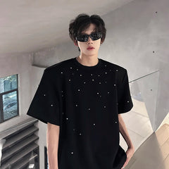 Metal Pearl Embellished Men Round Neck Cotton Tshirt man Breathable Comfort Casual 2024 Trendy Tee Top Fashion Loose Fit Plain voguable