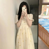 Voguable Fashion Women's Puff Sleeve DressEmbroidery Floral Print V Neck Short SleeveFemale Dresses New Tide voguable