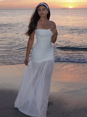 Strapless Sleeveless Slim Fit Patchwork Hem Women's Dress Solid Color Off Shoulder Hite Dresses Holiday Lady Beach Vestidos