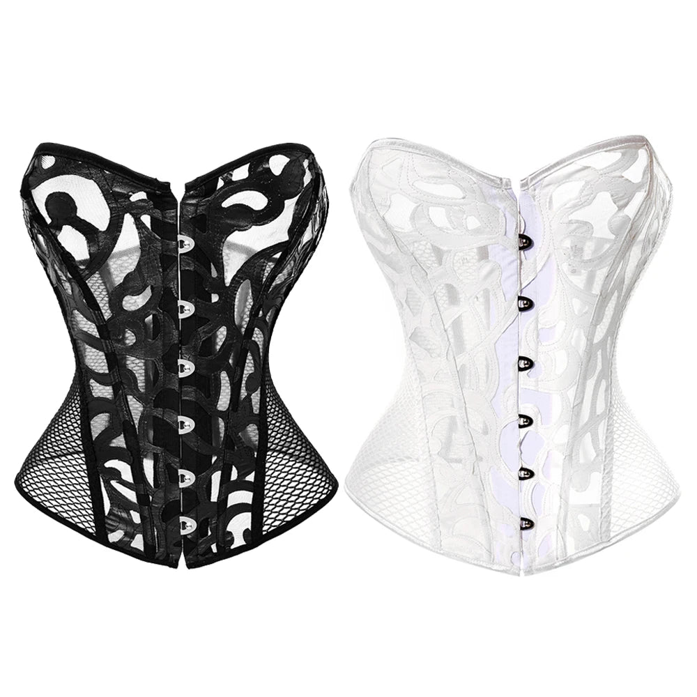 Voguable Steampunk Lace up Overbust Corset Top Black White Hollow Out Mesh Sexy Waist Trainer Bustier voguable