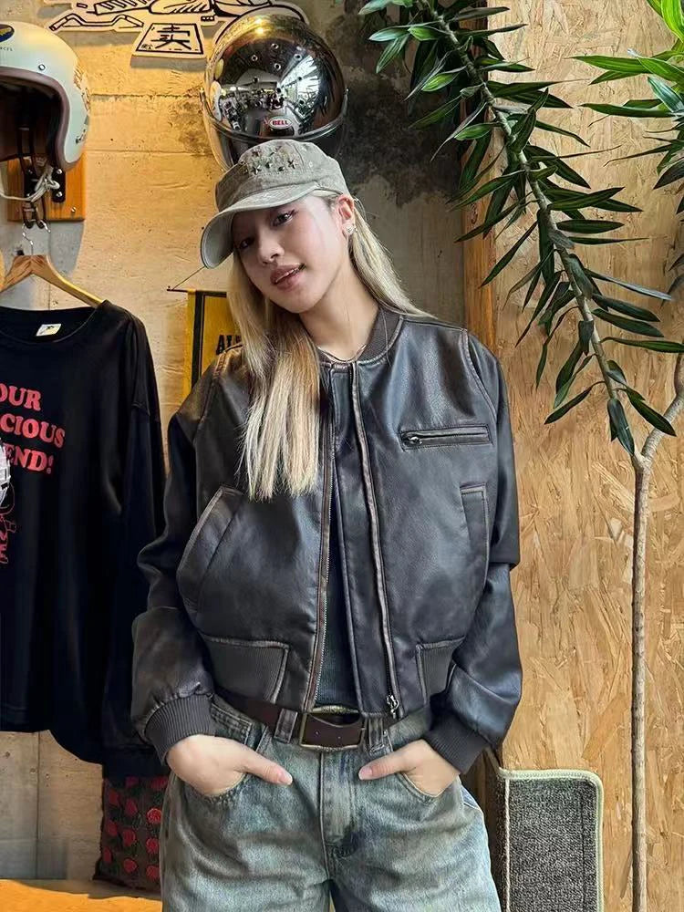 Y2K American Pu Leather Women Jacket Y2K Brown Vintage Long Sleeve Stand Collar Crop Coats Hip Hop Streetwear Zipper Outerwear voguable