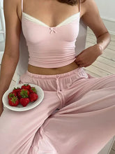 Voguable Y2K Womens Home Vacation Set Loose Camisole Vest Slim Casual Pants Sweet Pure Lace Two Piece voguable