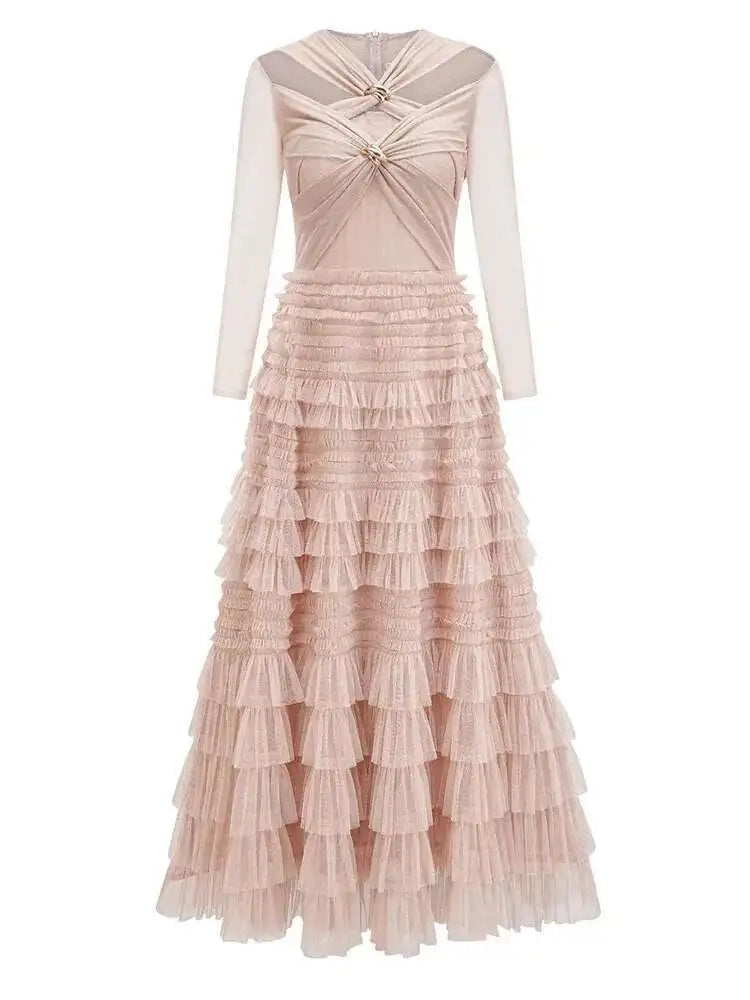 Solid Lace Mesh Spliced Dresess For Women Round Neck High Waist Long Sleeve Elegant Dress Female Spring 2025 New voguable