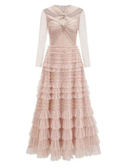 Solid Lace Mesh Spliced Dresess For Women Round Neck High Waist Long Sleeve Elegant Dress Female Spring 2025 New voguable