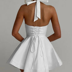 Sexy Deep V Halter White Mini Dress Women Fashion Backless A-line Elegant Party Dresses Summer Robe Lace Up Vestidos voguable