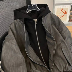 American Double Zipper Jacket Men's Hip Hop Simple Varsity Jacket Loose Fake Two Piece Hooded Outdated PU Leather Coat voguable