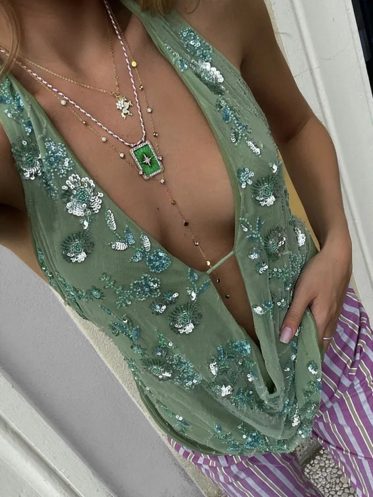 Glitter Deep V Neck Sexy Tank Tops Women Vest Pullovers Summer New Sparkle Backless Cropped Tops Elegant Beach Tops voguable