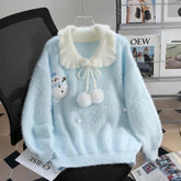 Voguable Women Knitted Sweaters Sweet Snowman Print Hairball Lace Up Patchwork Pullovers Loose Casual Solid Chic Peter Pan Collar Jumpers voguable