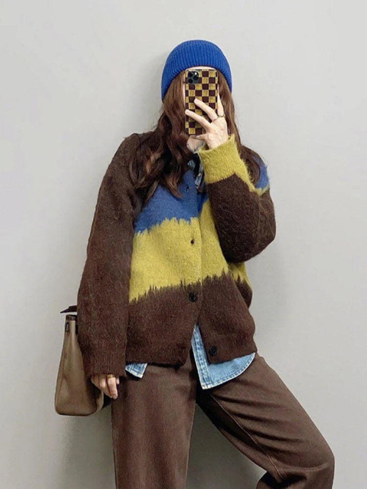 Voguable Harajuku Vintage Cardigan Women Patchwork Korean Knitted Sweater Tops Lazy Wind Loose Casual Long Sleeve Cardigan Coat New voguable