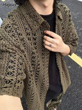 Hollow Out Shirts Men Summer Vintage All-match Breathable Short Sleeve Japanese Style Harajuku Vocation Knitting Handsome Simple voguable