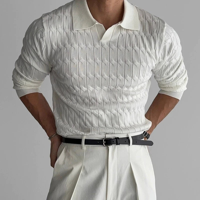 New American Fashion Jacquarded Men Polo Sweater Light Luxury V Neck Knit Solid Color Long-sleeved Tops Premium Quality Knitwear voguable