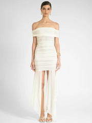 Mesh Off-shoulder Backless Sexy Maxi Dress For Women Fashion Strapless Sleeveless Split Ruched Bodycon Club Party Dress voguable