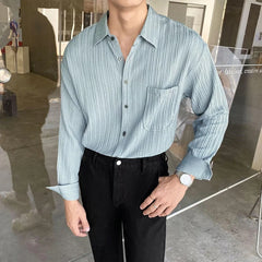 Autumn Clothing Men's Luxury Suit Collar Draped Shirts Retro Leisure Korean Popular Clothes Button-down Long Sleeve Solid Color voguable