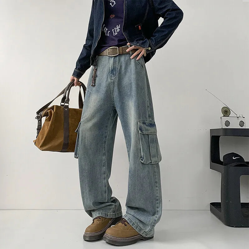 Black Baggy Jeans Men Fashion Retro Pocket Jeans Men Trousers Streetwear Hip-hop Loose Wide Leg Jeans Mens Denim Cargo Pants voguable