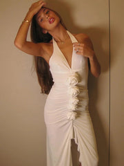 White Floral Ruched Sexy Maxi Dress For Women Gown Halter Deep V Neck Sleeveless Ruffled Bodycon Club Long Dress voguable