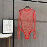 Voguable Sexy Mesh Hollowed Out Jumpsuit T-shirt Rhinestone Round Neck Tight See-through One-piece Bottoming Shirt Ms voguable