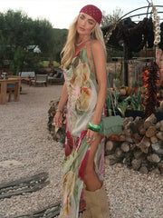 Sexy Printed V-neck Halter Long Dresses Women Retro Sleeveless Backless Side Slit Beach Dress Female Fashion High Street Holiday voguable
