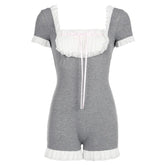 Voguable Kawaii Contrast Patchwork Playsuit Women Coquette Folds Bow Square Collar Short Sleeve Jumpsuits Shorts Backless Y2K voguable