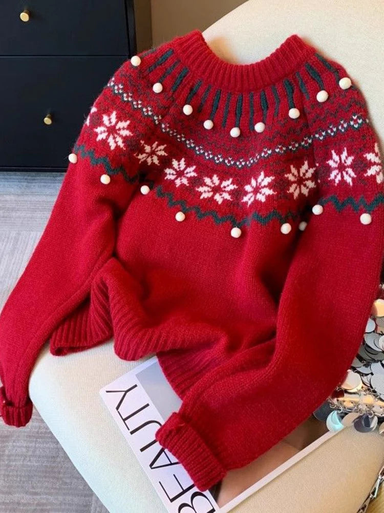 Sweet Print Christmas Red Sweater Women Cute O Neck Vintage Knitted Jumper Casual Korean Lady Fall Winter Preppy Style Loose Top voguable