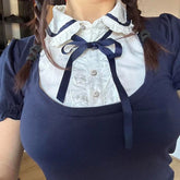 Voguable Preppy Style Contrast Patchwork Bow Peter Pan Collar Top Women's Summer Cute Puff Sleeve T-shirt Y2K voguable