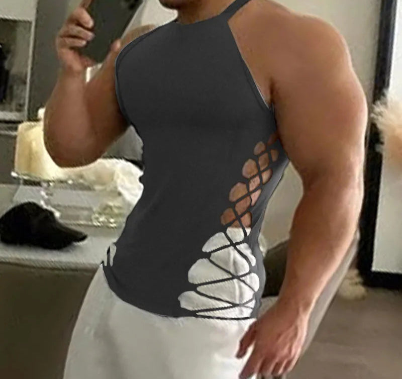 Fashion Men Tank Tops Solid Color Drawstring Hollow Out Sexy Male Vests Summer Streetwear 2025 Skinny Men Clothing S-3XL voguable