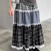 Vintage Harajuku Lace Plaid Skirt Women Preppy Style Long Skirts Autumn Winter Streetwear Retro A-line Ruffle Skirts voguable