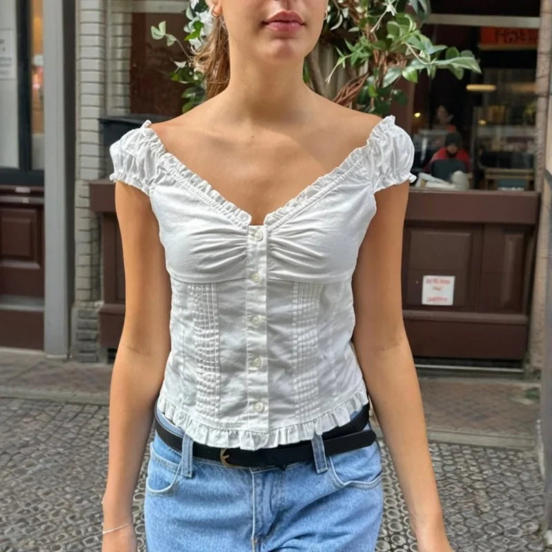 y2k Tank Top Women Summer Clothes Solid Color Cap Sleeve Button Down Slim Fit Frill T Shirt 2000s Vest Streetwear voguable