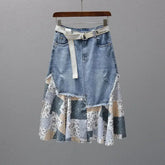 Voguable Korean High Street Fashion Women Casual Patchwork Denim Skirt Autumn New Item Irregular High Waist Versatile Female A-Line Skirt voguable