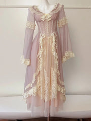 New Peter Pan Collar Women Butterfly Sleeve Dresses 2025 Spring Fashion Lace Patchwork Bow Embroidery Dress Female voguable