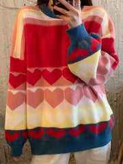 Voguable Cute Love Print Knitted Sweaters Women Fashion Patchwork Korean Sweet Tops Oversize Loose Long Sleeve Lady Casual Jumpers voguable