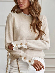 Autumn and winter women's lace decoration round neck long sleeved knitted sweater voguable