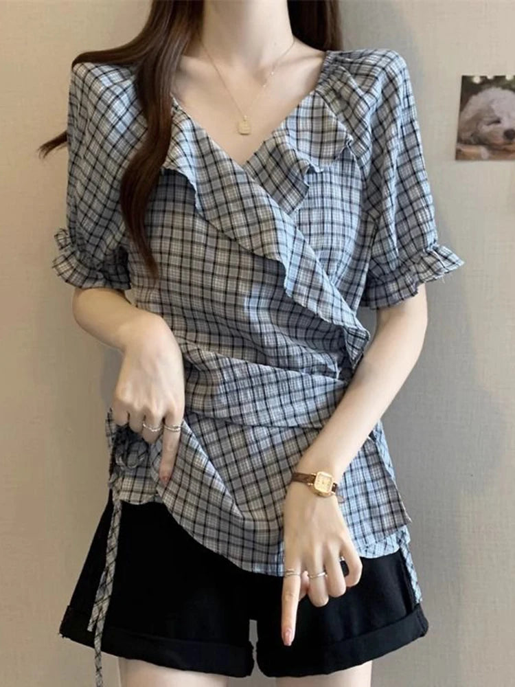 Ruffles Vintage Plaid Blouse Women Causal Sweet Slim Short Sleeve Shirt Korean Retro Female Lace Up Elegant Design Tops New voguable