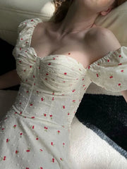 Voguable Summer Sexy Corset Style Fruit Cherry Print Mini Dress White Retro Women Slim Waist Ruffles Hem Lantern Sleeve Cake Robe voguable