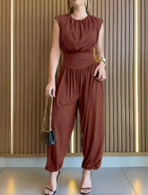 Voguable New Sleeveless Work Clothes with Padded Shoulders, Waist Waist, Side High Fork, Casual Hollow Back Ruffle jumpsuit voguable