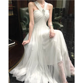 Voguable Summer Luxury Long Dresses Strapless Hanging Neck Party Dress Sleeveless Slim A-line Women White Mesh Dress voguable