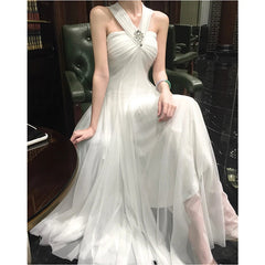 Voguable Summer Luxury Long Dresses Strapless Hanging Neck Party Dress Sleeveless Slim A-line Women White Mesh Dress voguable