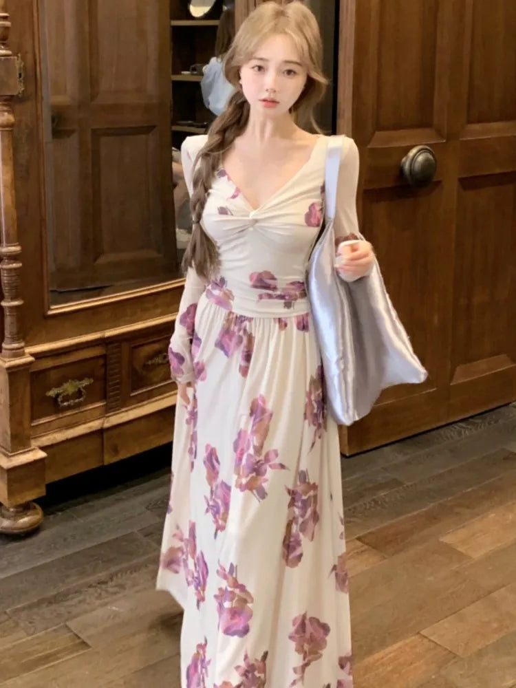 Elegant Print V-Neck Long Party Dress For Women French Autumn New Fashion Folds Long Sleeves Slim Dresses Female Casual Vestidos voguable