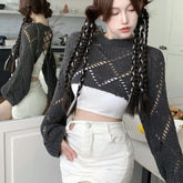 Voguable 2024 Summer New Korean Hollow Sexy Backless Lace-up Solid Color Long-sleeved Sweater Women + Basic Camisole Two-piece Suit voguable