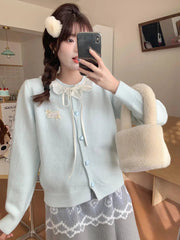Ruffles Sweet Cardigan Women Cute Long Sleeve Bow Sweaters Preppy Style O Neck Japan Kawaii Letter Lace Up Love Buttons Top voguable