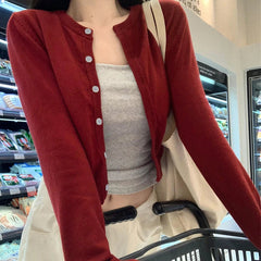 Red Cardigan Knit Early Autumn Women Clothes New Outdoor Crop Sweater Outerwear Long Sleeve Top Bottoming Shirt voguable