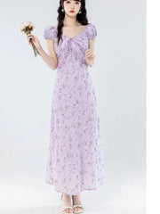 Floral Women Sweet Long Dress Elegant Vintage V Neck Slim Dress Casual Short Sleeve French Summer Retro Lady Vestidos New voguable